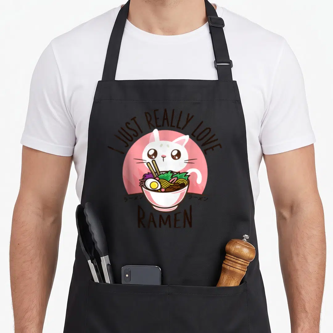 Japanese noodle cat apron - White cartoon cat behind ramen bowl with pink circle and bilingual text — shown on a black cotton canvas apron against a white background