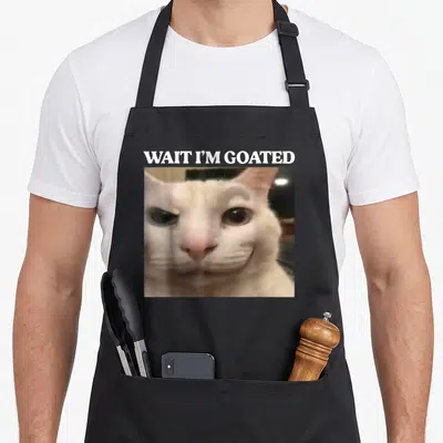 Goated cat apron - White text WAIT I'M GOATED above a square photo of a smirking beige and white cat face — shown on a black cotton canvas apron against a white background
