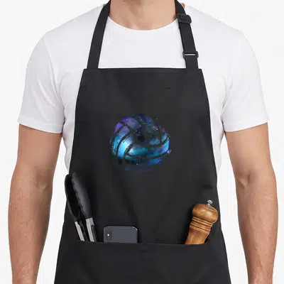 Volleyball beach sports team aprons - Watercolor volleyball filled with blue and purple galaxy texture — shown on a black cotton canvas apron against a white background