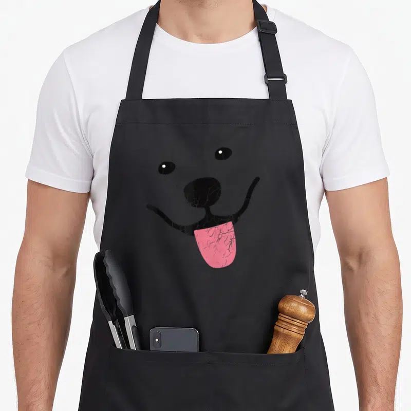 Samoyed face apron - Minimalist black and pink dog face with hanging tongue on canvas — shown on a black cotton canvas apron against a white background