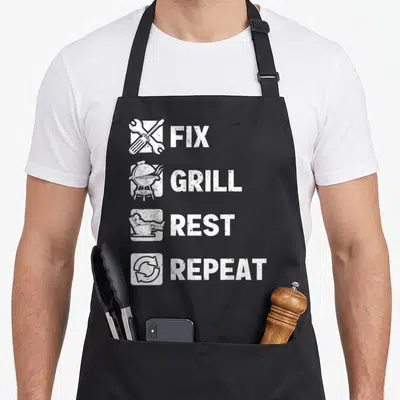 Fix father day apron - White Fix Grill Rest Repeat icons arranged in four rows on black fabric — shown on a black cotton canvas apron against a white background
