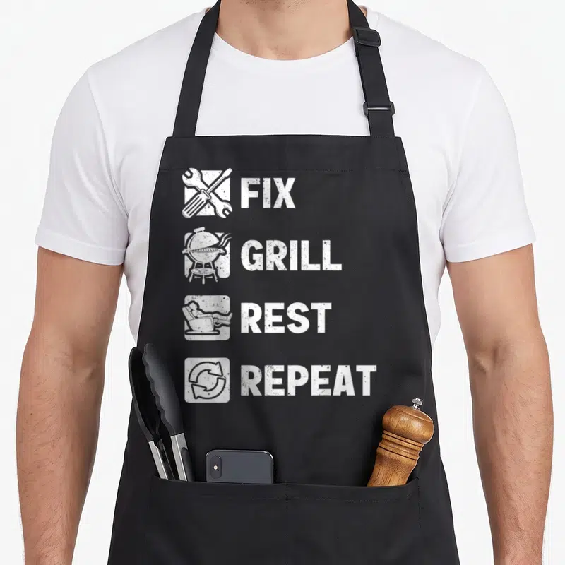 Fix father day apron - White Fix Grill Rest Repeat icons arranged in four rows on black fabric — shown on a black cotton canvas apron against a white background