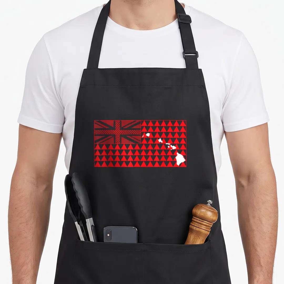 Tribal hawaiian apron - Red and white geometric flag with Union Jack and white island silhouettes on black background — shown on a black cotton canvas apron against a white background