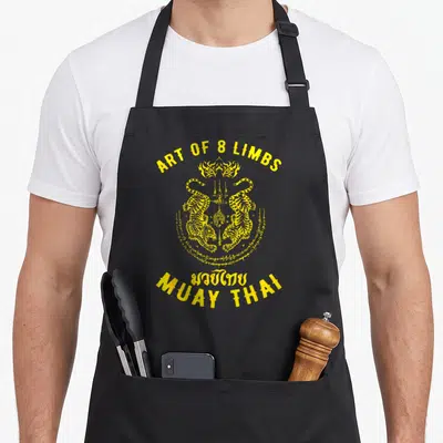 Mma kickboxing apron - Yellow line art of two tigers and ART OF 8 LIMBS text on black apron — shown on a black cotton canvas apron against a white background
