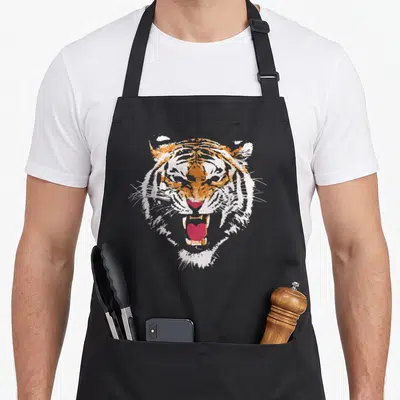 Wild 80s apron - Realistic tiger head illustration in orange white and red on black fabric — shown on a black cotton canvas apron against a white background