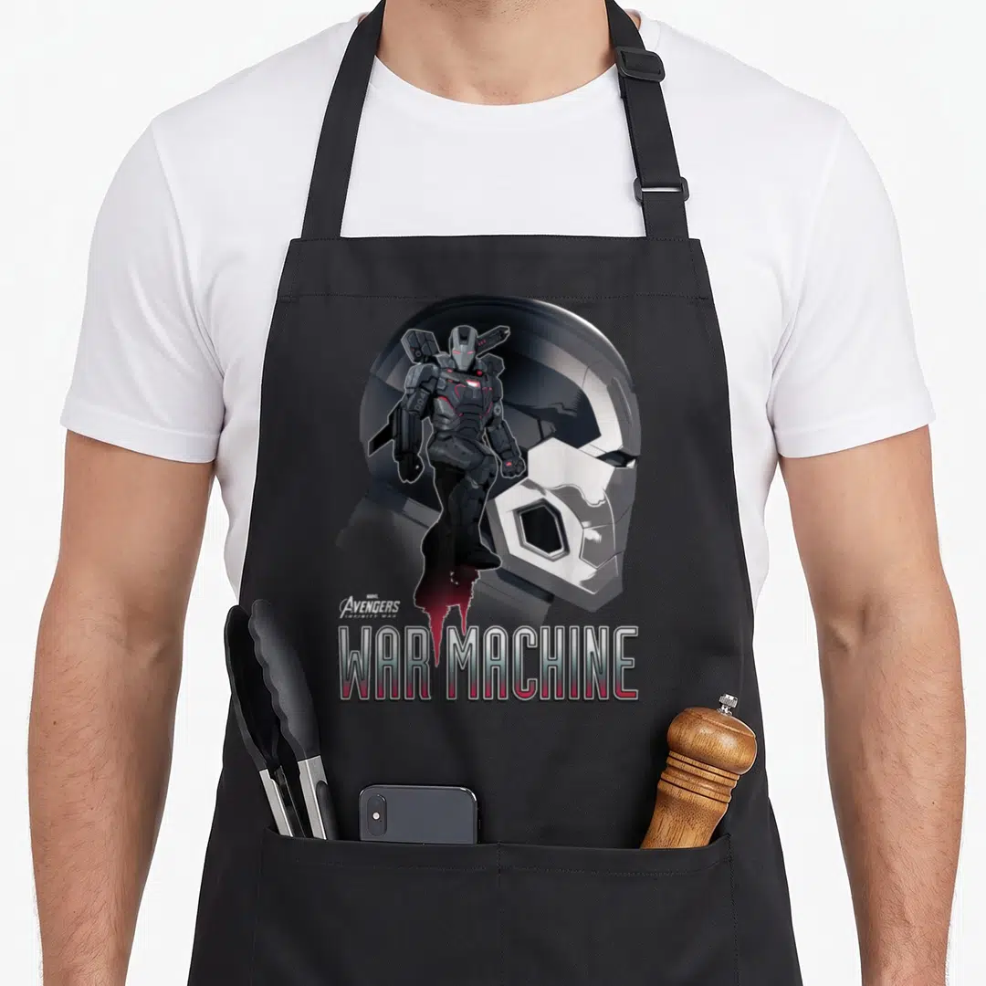 Infinity machine apron - War Machine armor figure and helmet profile with Avengers Infinity War logo text — shown on a black cotton canvas apron against a white background