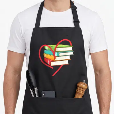 Reading journal apron - Cartoon stack of four red green blue orange books inside a red heart outline — shown on a black cotton canvas apron against a white background
