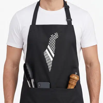Free gaza palestine apron - Black and white map of Israel filled with star and wavy line patterns resembling a keffiyeh — shown on a black cotton canvas apron against a white background