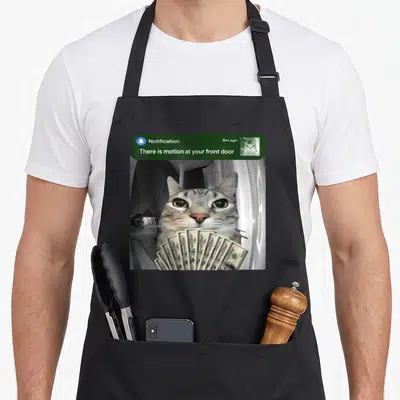 Motion front door apron - Cat holding fan of dollar bills under green notification banner with white text — shown on a black cotton canvas apron against a white background