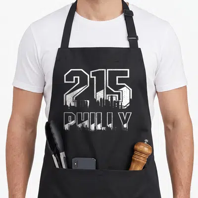 Pennsylvania area phillies apron - White distressed 215 and PHILLY text filled with city skyline silhouette — shown on a black cotton canvas apron against a white background