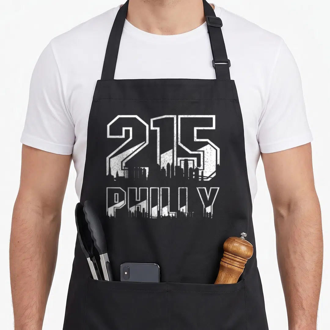 Pennsylvania area phillies apron - White distressed 215 and PHILLY text filled with city skyline silhouette — shown on a black cotton canvas apron against a white background