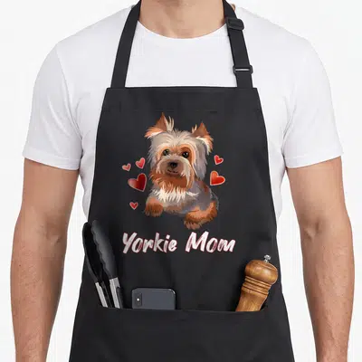Illustration yorkie apron - Realistic Yorkshire Terrier head surrounded by red hearts with Yorkie Mom text below — shown on a black cotton canvas apron against a white background