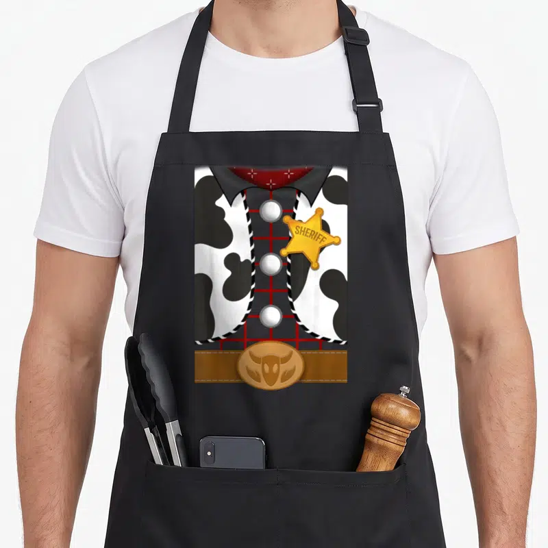 Woody halloween apron - Sheriff outfit with cow-print vest, red grid shirt, gold SHERIFF badge, and brown belt buckle — shown on a black cotton canvas apron against a white background