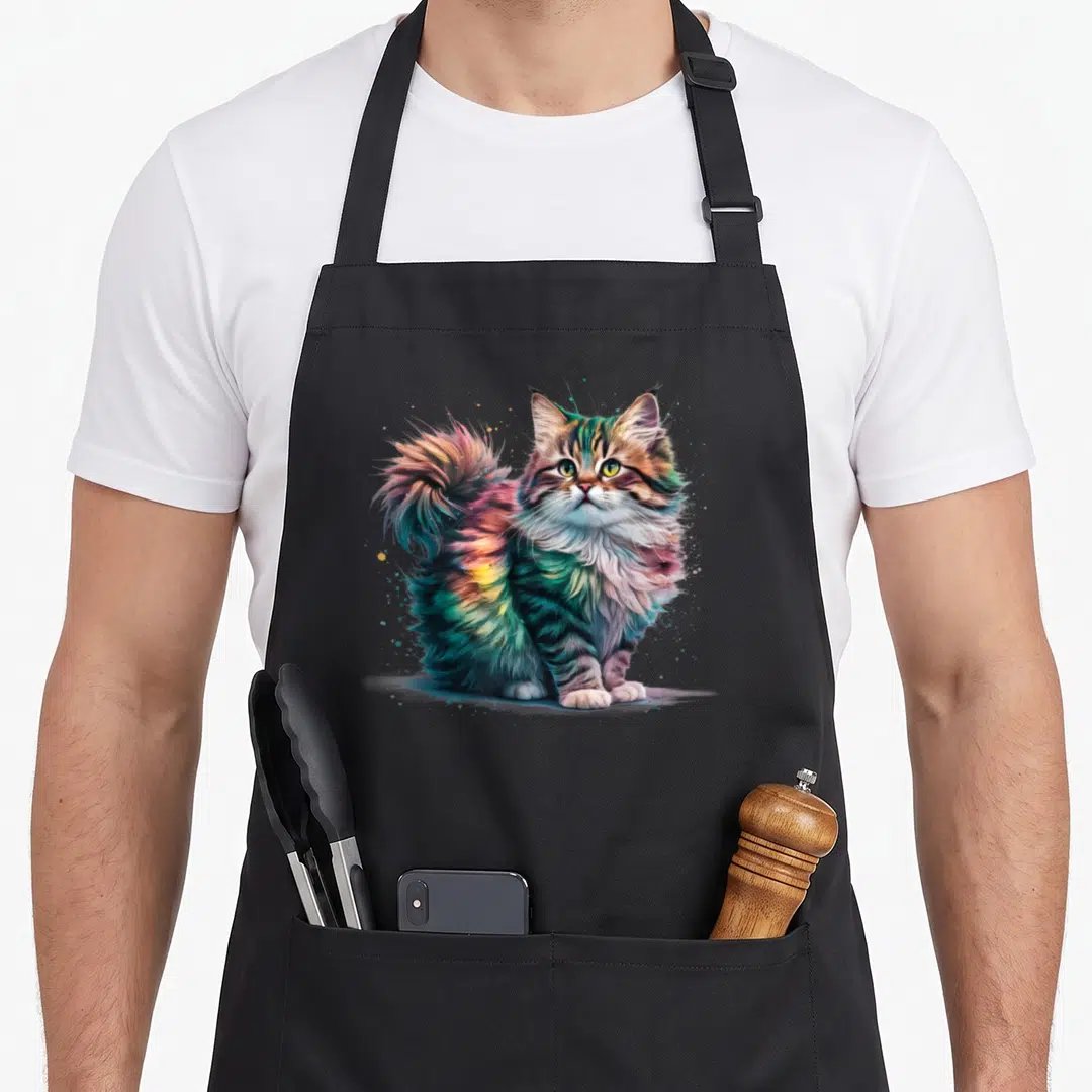 Colourful cat apron - Multicolored watercolor cat illustration in blue, green, pink, yellow, and brown on black fabric — shown on a black cotton canvas apron against a white background