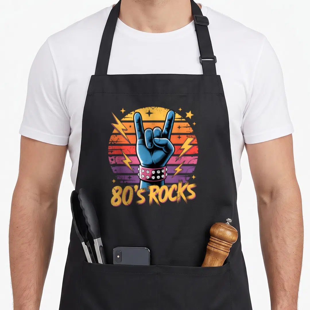 Rock band 80s apron - Blue hand rock sign over striped circle with 80'S ROCKS text and lightning bolts — shown on a black cotton canvas apron against a white background