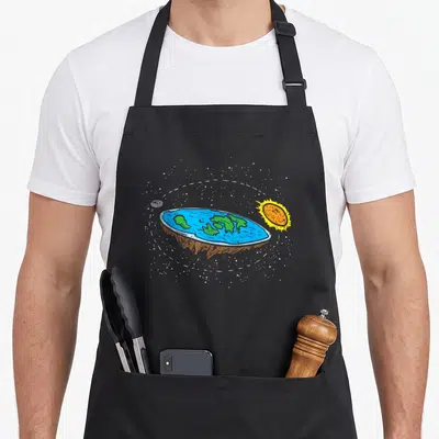 Flat galaxies jokes apron - Cartoon flat earth disc with sun moon and stars in blue green orange yellow white — shown on a black cotton canvas apron against a white background