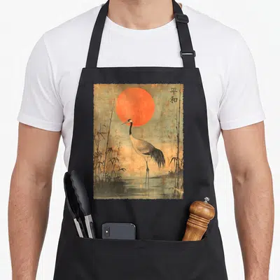 Sun crane apron - Crane standing in water under red sun with bamboo and kanji characters meaning peace — shown on a black cotton canvas apron against a white background