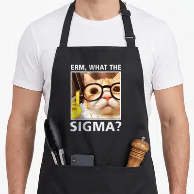 Erm funny cat apron - Cat in black glasses with ERM WHAT THE SIGMA text and yellow hand emoji in white frame — shown on a black cotton canvas apron against a white background