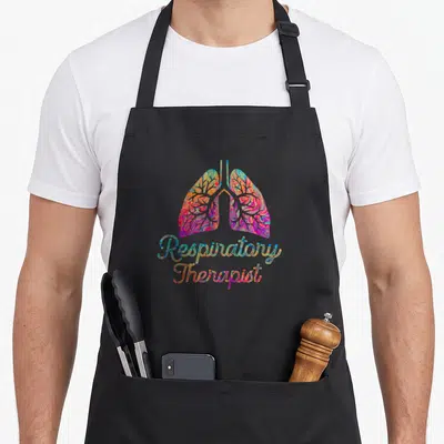 Care colorful aprons - Multicolored swirl lungs graphic above stacked Respiratory Therapist text in cartoon style — shown on a black cotton canvas apron against a white background