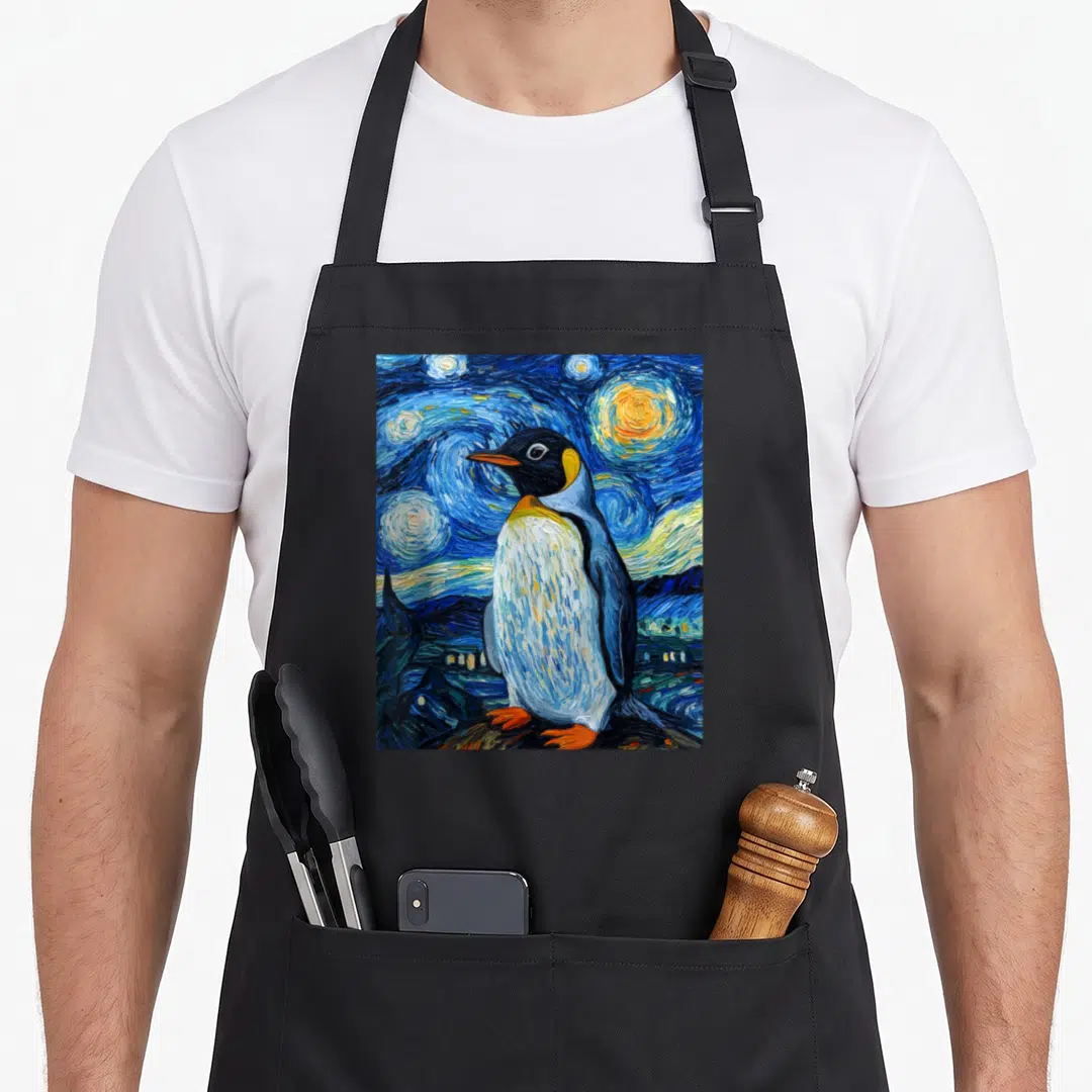 Penguin van gogh apron - Penguin standing in blue and yellow starry night sky with orange beak — shown on a black cotton canvas apron against a white background