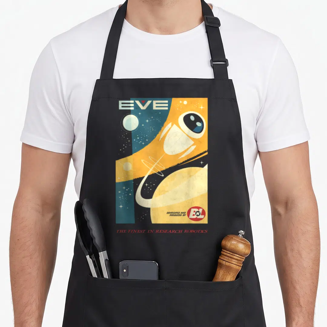 Finest e.a apron - Retro poster of white robot EVE against yellow blue space with research robotics text — shown on a black cotton canvas apron against a white background