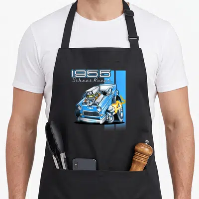 Rod 50s apron - Blue cartoon hot rod with 1955 Street Racer text and orange flames — shown on a black cotton canvas apron against a white background