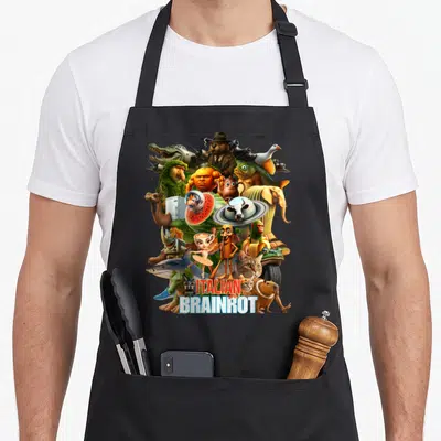 Viral italian apron - Surreal collage of animal hybrids with red and blue ITALIAN BRAINROT text — shown on a black cotton canvas apron against a white background