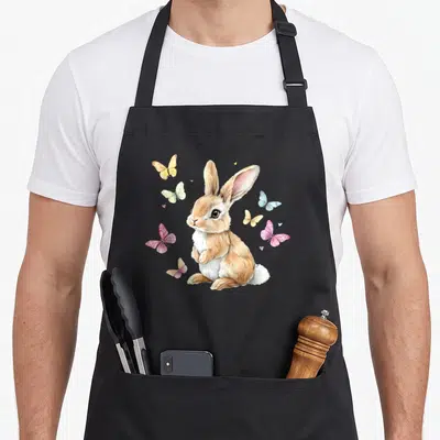 Bunny spring apron - Realistic brown rabbit surrounded by pink, blue, and yellow butterflies with small hearts — shown on a black cotton canvas apron against a white background