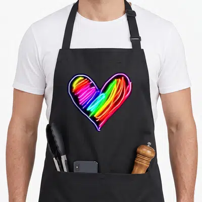Lgbqt rainbow apron - Neon heart illustration in red orange yellow green blue and purple with white outline — shown on a black cotton canvas apron against a white background