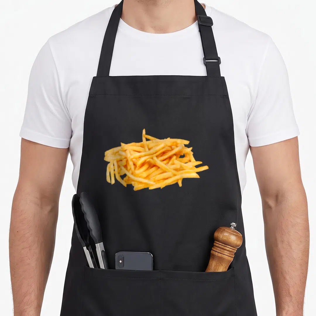 Fast french apron - Pile of yellow and orange french fries in photo style on black fabric — shown on a black cotton canvas apron against a white background