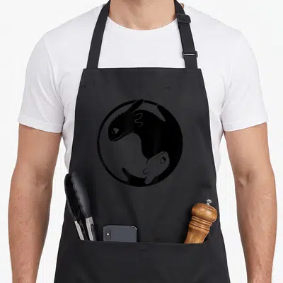 Yin dragon apron - Black dragon silhouette forming yin yang symbol in white negative space within circular border — shown on a black cotton canvas apron against a white background