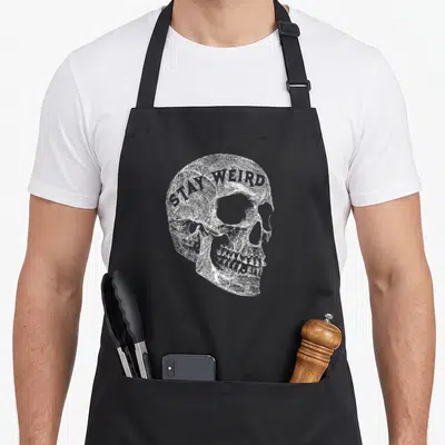 Stay goth apron - White line-art skull with STAY WEIRD text on grey background — shown on a black cotton canvas apron against a white background