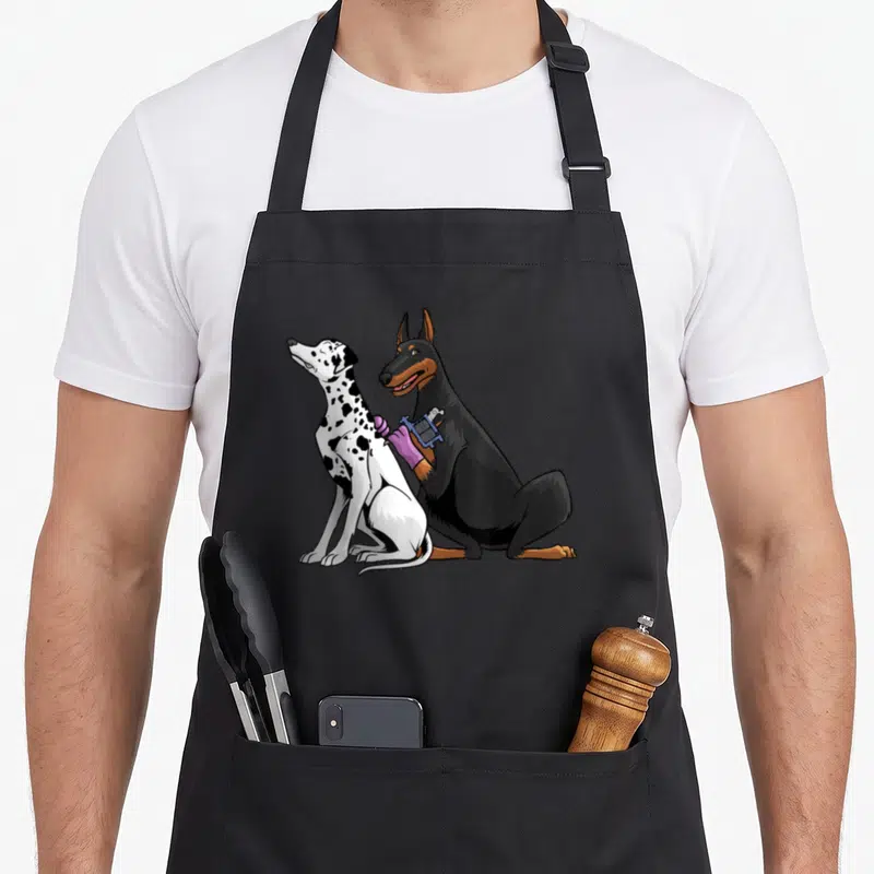 Artist dog apron - Cartoon doberman tattooing dalmatian back with purple gloves and machine — shown on a black cotton canvas apron against a white background