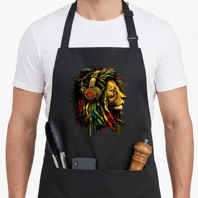 Rasta lions apron - Cartoon lion profile with headphones and colorful dreadlocks dripping yellow red green and gold — shown on a black cotton canvas apron against a white background