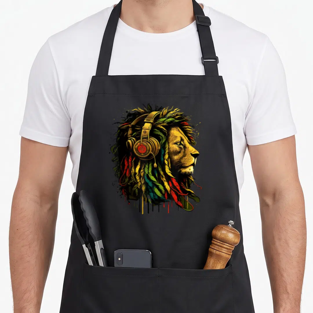 Rasta lions apron - Cartoon lion profile with headphones and colorful dreadlocks dripping yellow red green and gold — shown on a black cotton canvas apron against a white background