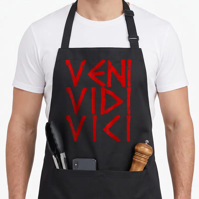 Vidi caesar apron - Red distressed VENI VIDI VICI text stacked in three lines — shown on a black cotton canvas apron against a white background