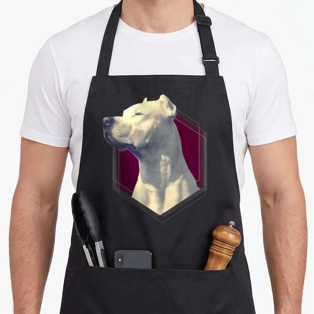 Mastiff argentine apron - Realistic white dog profile inside a maroon hexagon with grey shading — shown on a black cotton canvas apron against a white background
