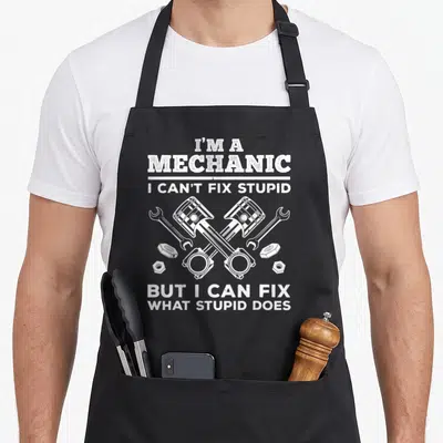 Diesel auto mechanic apron - White distressed text and two crossed pistons flanked by wrenches and nuts on black — shown on a black cotton canvas apron against a white background