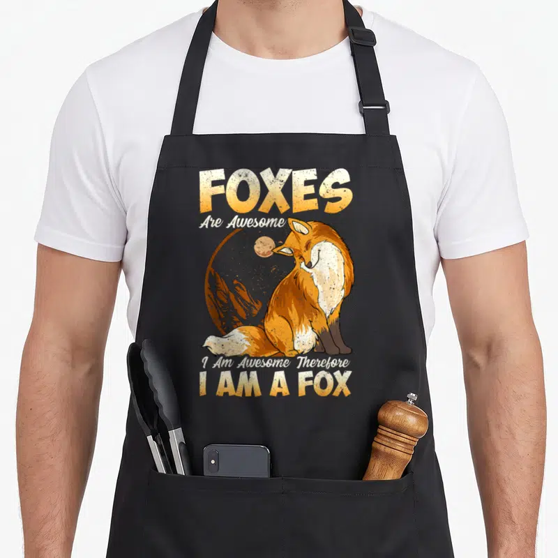 Cool fox print apron - Cartoon fox sitting before moon and mountains with orange yellow white text — shown on a black cotton canvas apron against a white background