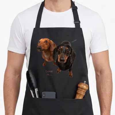 Doxie wiener dog apron - Two dachshunds in brown and black with pink text reading Love is — shown on a black cotton canvas apron against a white background