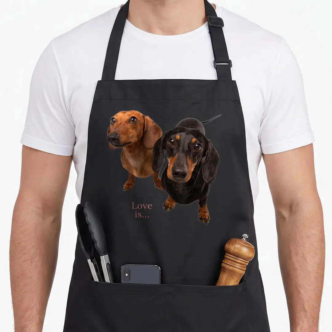 Doxie wiener dog apron - Two dachshunds in brown and black with pink text reading Love is — shown on a black cotton canvas apron against a white background