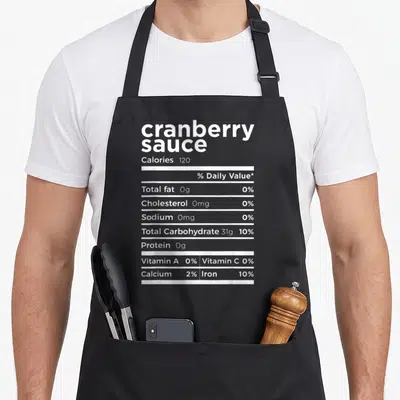 Sauce thanksgiving apron - White nutrition label typography listing zero fat and cholesterol for cranberry sauce — shown on a black cotton canvas apron against a white background