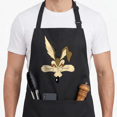 Cute wile e.a apron - Brown and tan cartoon coyote head illustration with one upright ear and one flopped ear — shown on a black cotton canvas apron against a white background
