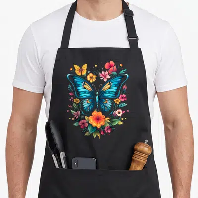 Flower butterfly apron - Blue butterfly surrounded by orange pink and green flowers in cartoon style — shown on a black cotton canvas apron against a white background