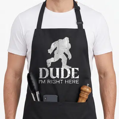 Dude yeti apron - White distressed bigfoot silhouette above stacked text DUDE I'M RIGHT HERE — shown on a black cotton canvas apron against a white background