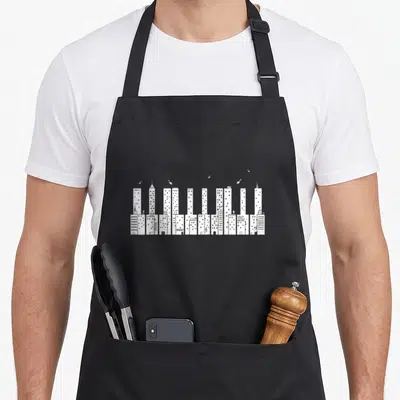 Skyline piano apron - White minimalist city skyline with birds on black apron front — shown on a black cotton canvas apron against a white background