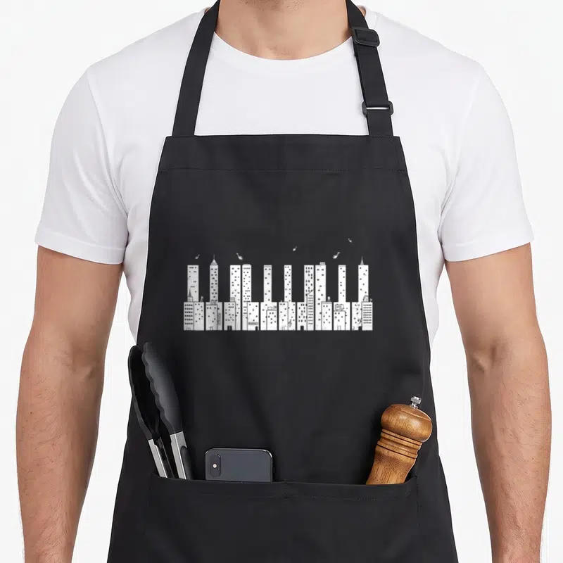 Skyline piano apron - White minimalist city skyline with birds on black apron front — shown on a black cotton canvas apron against a white background