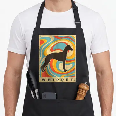 Cool whippet dog apron - Black whippet silhouette on colorful retro swirls with beige bar reading WHIPPET — shown on a black cotton canvas apron against a white background