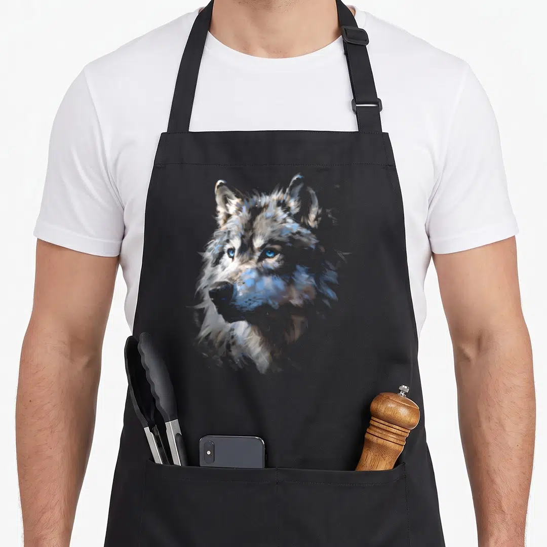 Fantasy alpha apron - Watercolor wolf head in grey white and blue tones centered on fabric — shown on a black cotton canvas apron against a white background