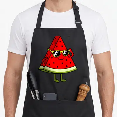 Funny summer watermelon apron - Cartoon watermelon slice wearing yellow sunglasses with red arms and green legs — shown on a black cotton canvas apron against a white background
